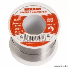 Припой ПОС-60 с канифолью, 250 гр, Ø0.6 мм, REXANT 09-3311